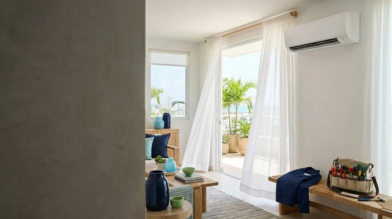 Escena ilustrativa de un interior costeño con aire acondicionado